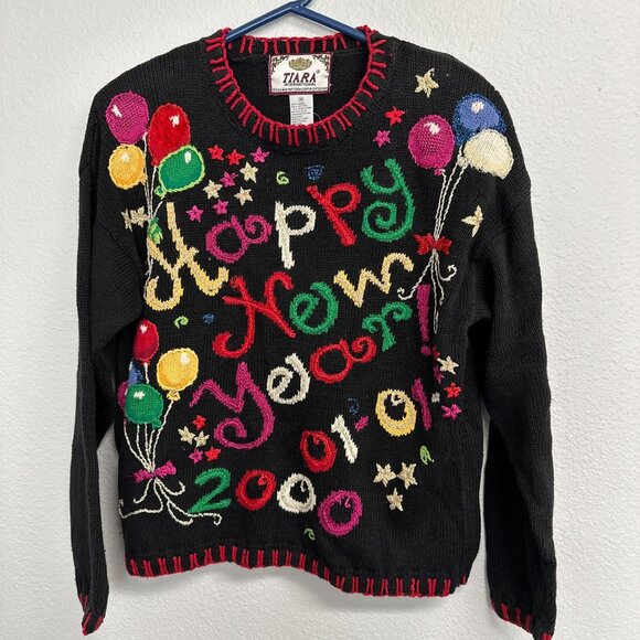 Vtg Y2k Happy New Year 2000 Cardigan Sweater Medium Ugly Xmas Knit Womens - Picture 1 of 6